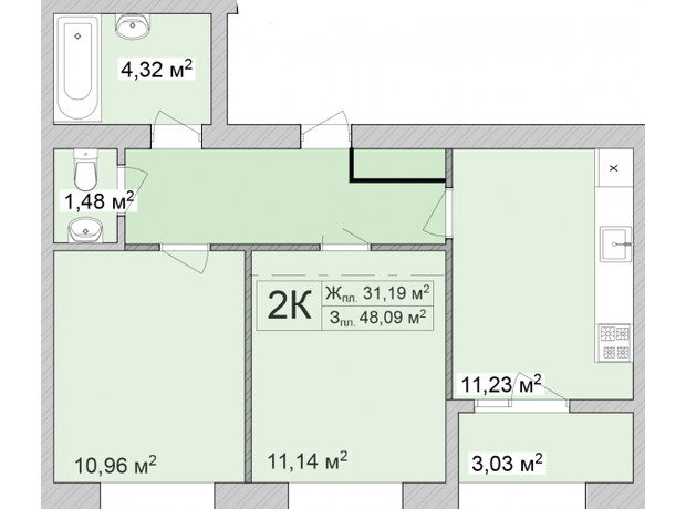 ЖК Burgundia 3: планировка 2-комнатной квартиры 51.14 м²