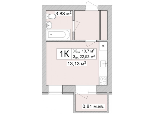 ЖК Burgundia 3: планировка 1-комнатной квартиры 26.49 м²