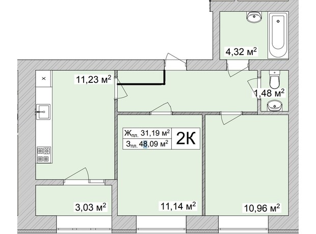 ЖК Burgundia 3: планировка 2-комнатной квартиры 50.91 м²