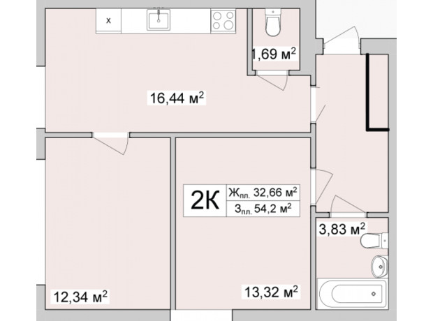 ЖК Burgundia 3: планировка 2-комнатной квартиры 54.1 м²