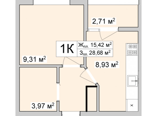 ЖК Burgundia 3: планування 1-кімнатної квартири 30.25 м²