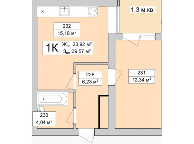 ЖК Burgundia 3: планування 1-кімнатної квартири 38.37 м²