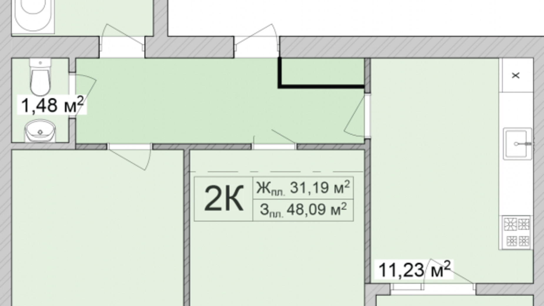Планування 2-кімнатної квартири в ЖК Burgundia 3 51.07 м², фото 681377