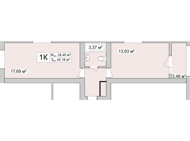 ЖК Burgundia 3: планування 1-кімнатної квартири 43.9 м²