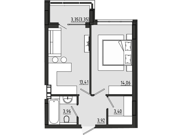 ЖР Сады Ривьеры: планировка 1-комнатной квартиры 42.1 м²