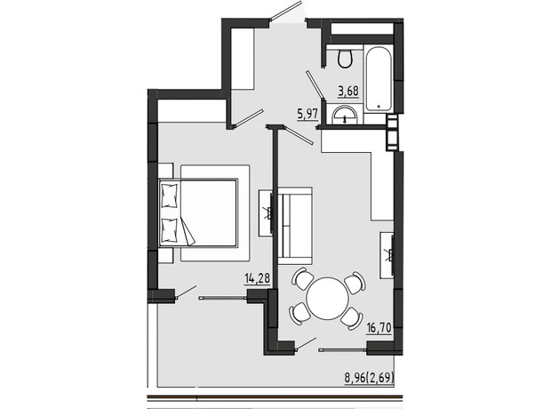ЖР Сади Рів'єри: планування 1-кімнатної квартири 43.32 м²