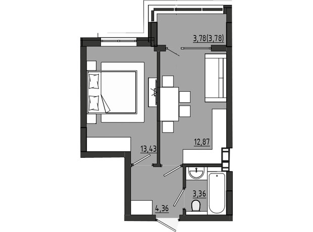 ЖР Сади Рів'єри: планування 1-кімнатної квартири 37.8 м²