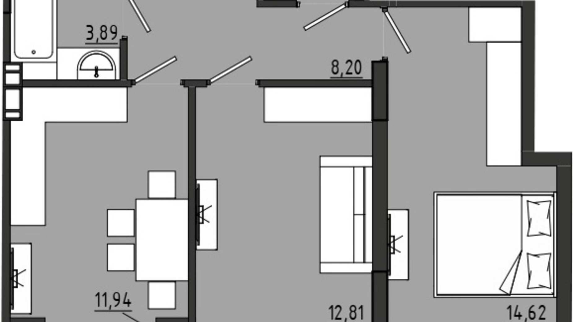 Планування 2-кімнатної квартири в ЖР Сади Рів'єри 55.13 м², фото 681617