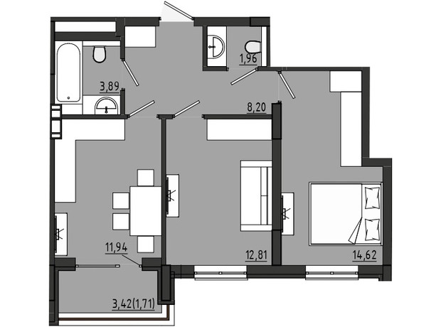 ЖР Сады Ривьеры: планировка 2-комнатной квартиры 55.13 м²