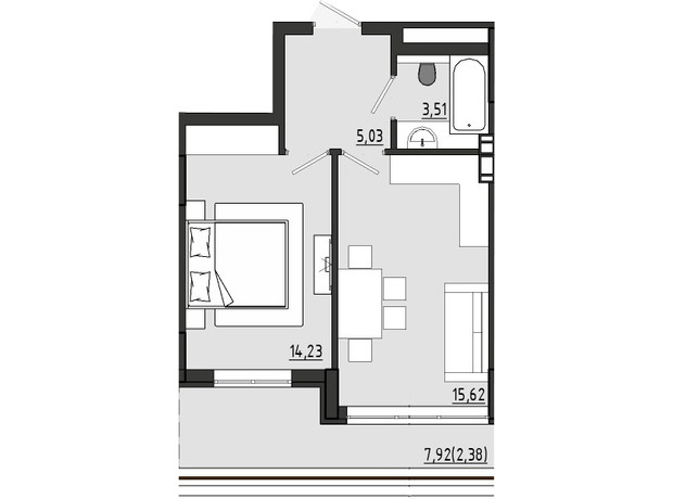 ЖР Сады Ривьеры: планировка 1-комнатной квартиры 40.77 м²