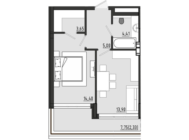 ЖР Сады Ривьеры: планировка 1-комнатной квартиры 43.92 м²