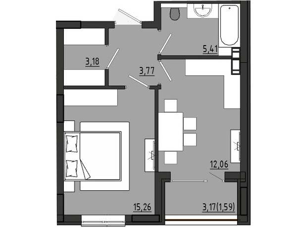 ЖР Сади Рів'єри: планування 1-кімнатної квартири 41.27 м²