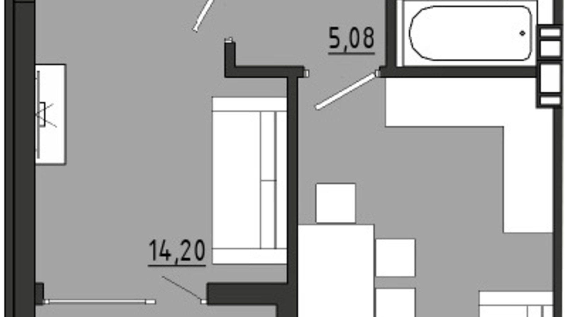 Планировка 1-комнатной квартиры в ЖР Сады Ривьеры 42.79 м², фото 681927