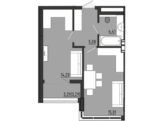 ЖР Сади Рів'єри: планування 1-кімнатної квартири 42.79 м²