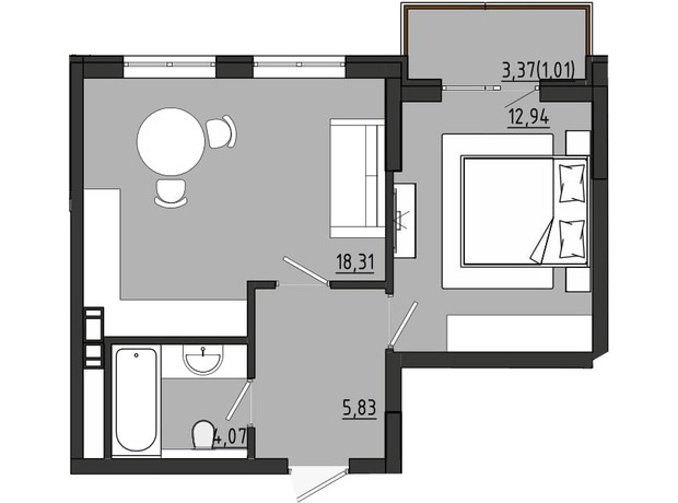 ЖР Сады Ривьеры: планировка 1-комнатной квартиры 42.16 м²