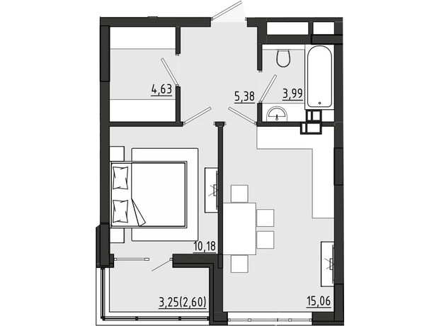 ЖР Сади Рів'єри: планування 1-кімнатної квартири 41.84 м²