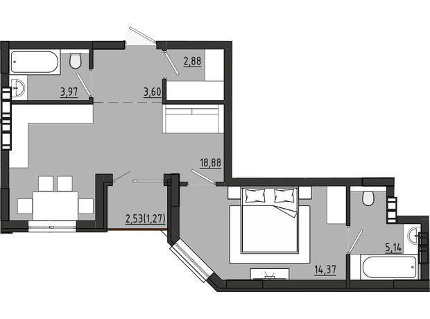 ЖР Сады Ривьеры: планировка 1-комнатной квартиры 50.1 м²