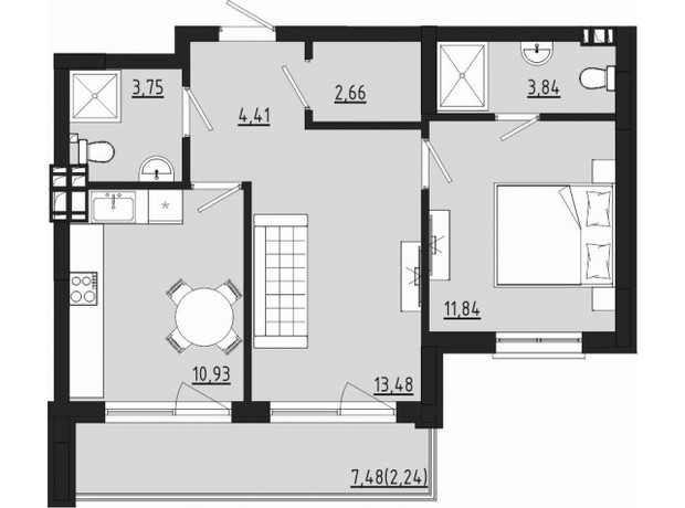 ЖР Сади Рів'єри: планування 2-кімнатної квартири 52.55 м²