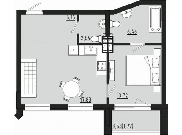 ЖР Сады Ривьеры: планировка 1-комнатной квартиры 45.58 м²