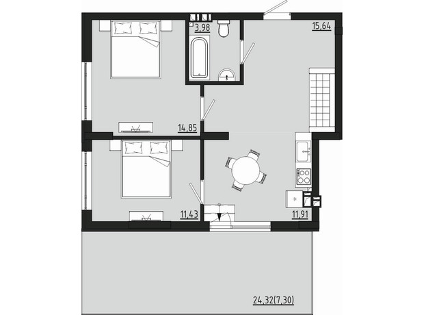 ЖР Сады Ривьеры: планировка 2-комнатной квартиры 65.11 м²