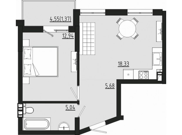 ЖР Сади Рів'єри: планування 1-кімнатної квартири 48.23 м²