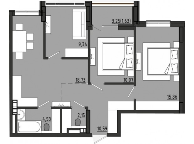 ЖР Сады Ривьеры: планировка 3-комнатной квартиры 72.9 м²