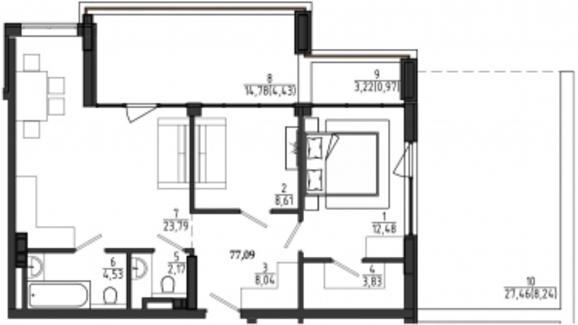 Планировка 2-комнатной квартиры в ЖР Сады Ривьеры 77.09 м², фото 682120
