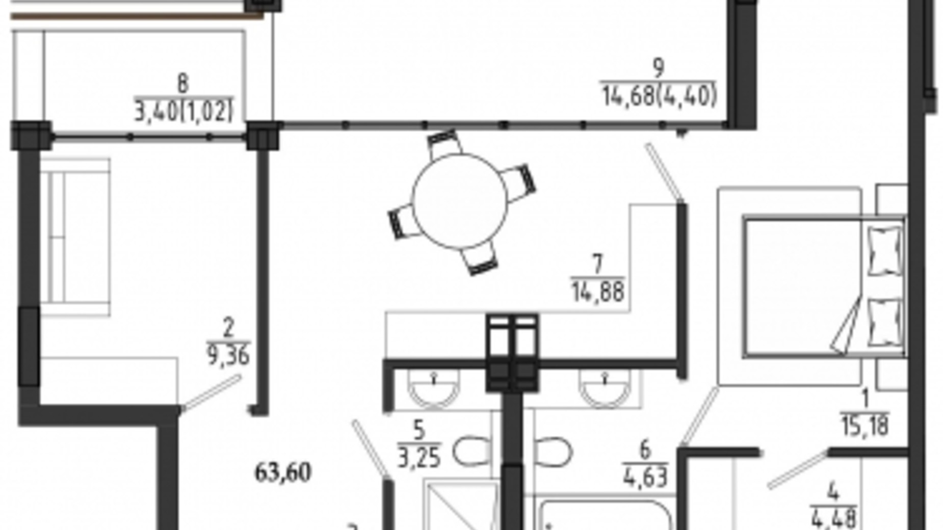 Планування 2-кімнатної квартири в ЖР Сади Рів'єри 63.6 м², фото 682154