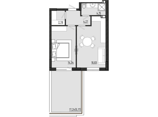 ЖР Сади Рів'єри: планування 1-кімнатної квартири 49.54 м²