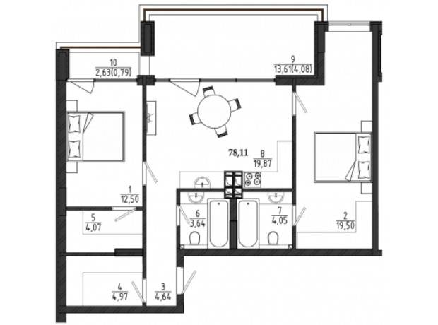 ЖР Сады Ривьеры: планировка 2-комнатной квартиры 78.11 м²