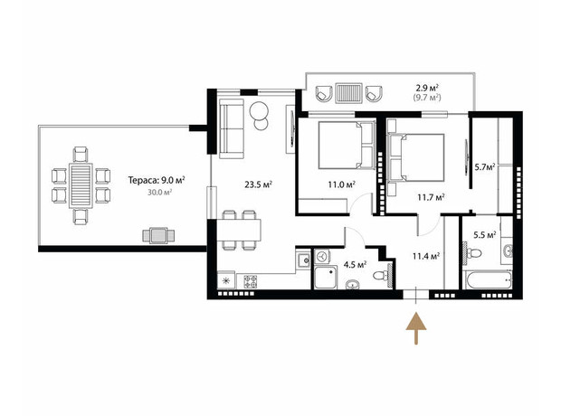 ЖК Grand Hills: планування 2-кімнатної квартири 85 м²