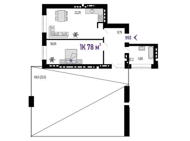 ЖК Квартал Віденський: планування 1-кімнатної квартири 78 м²