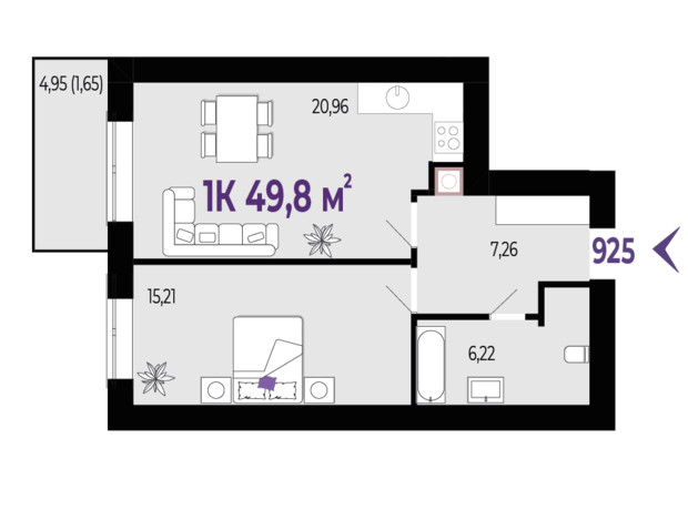 ЖК Квартал Віденський: планування 1-кімнатної квартири 49.8 м²