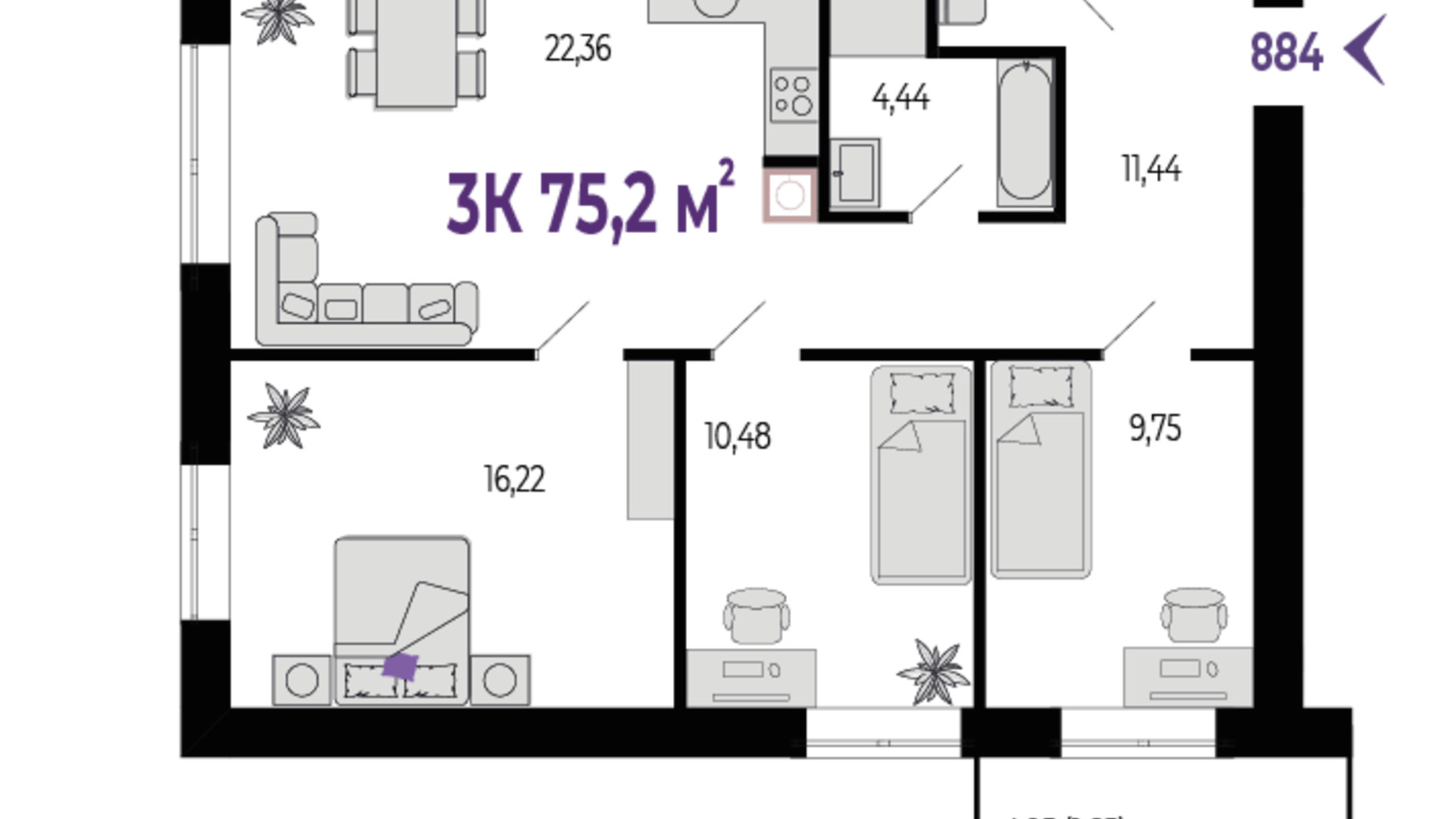 Планировка 3-комнатной квартиры в ЖК Квартал Венский 75.2 м², фото 682525