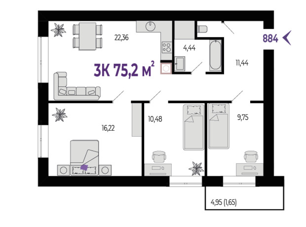 ЖК Квартал Віденський: планування 3-кімнатної квартири 75.2 м²