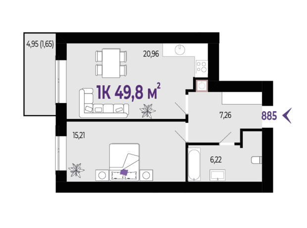 ЖК Квартал Віденський: планування 1-кімнатної квартири 49.8 м²