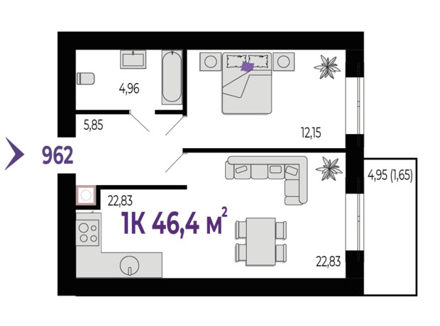 ЖК Квартал Венский: планировка 1-комнатной квартиры 46.4 м²