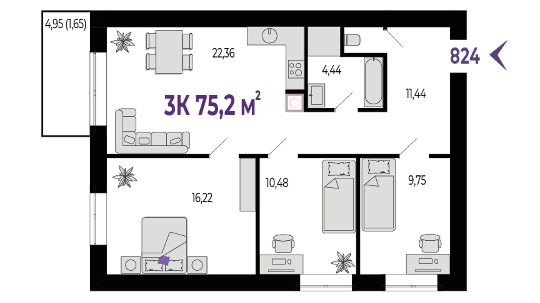 Планировка 3-комнатной квартиры в ЖК Квартал Венский 75.2 м², фото 682536