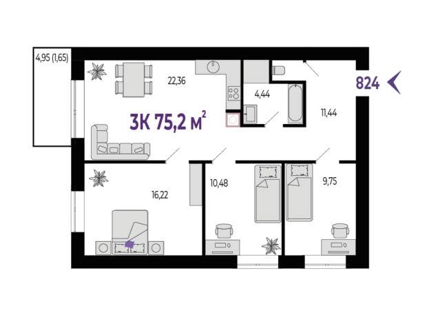 ЖК Квартал Венский: планировка 3-комнатной квартиры 75.2 м²