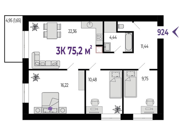 ЖК Квартал Віденський: планування 3-кімнатної квартири 75.2 м²