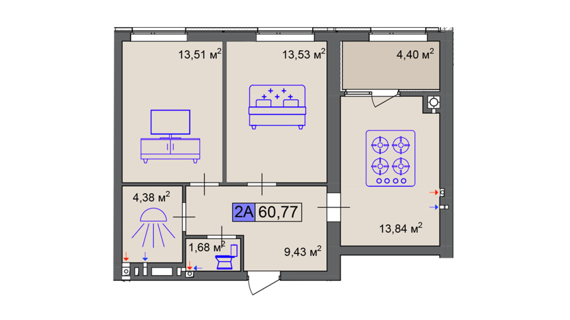 Планування 2-кімнатної квартири в ЖК Пастерівський 60.77 м², фото 682598
