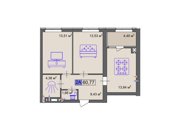 ЖК Пастерівський: планування 2-кімнатної квартири 60.77 м²