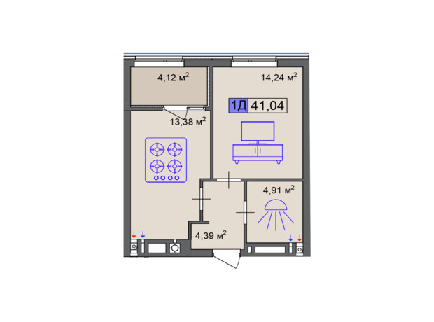 ЖК Пастерівський: планування 1-кімнатної квартири 41.04 м²