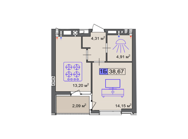 ЖК Пастерівський: планування 1-кімнатної квартири 38.67 м²