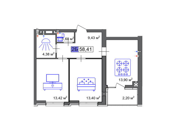 ЖК Пастерівський: планування 2-кімнатної квартири 58.41 м²