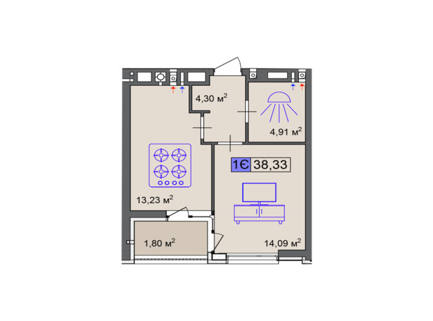 ЖК Пастерівський: планування 1-кімнатної квартири 38.33 м²