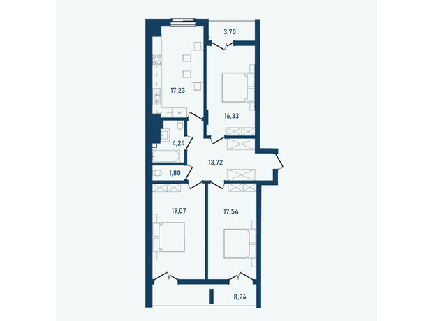 ЖК Престижний 2: планування 3-кімнатної квартири 101.87 м²