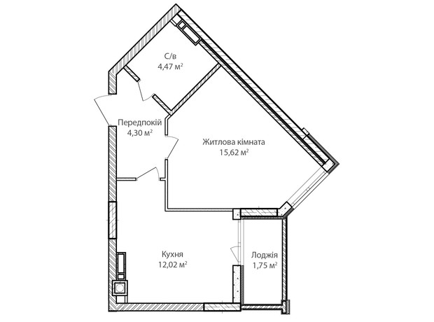 ЖК Синергия Сити: планировка 1-комнатной квартиры 39 м²