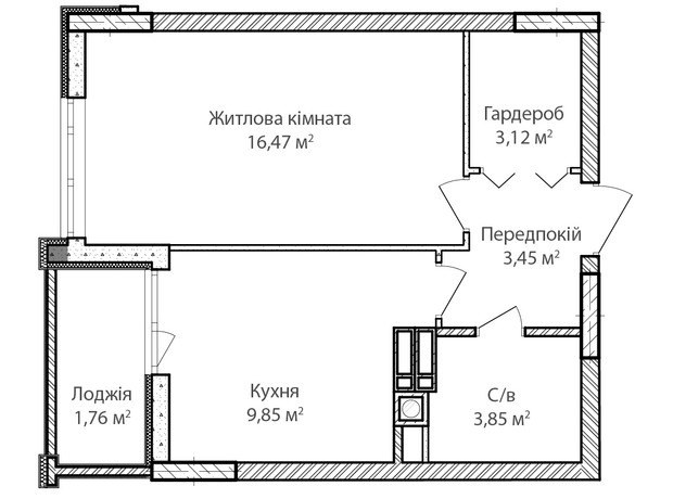 ЖК Синергія Сіті: планування 1-кімнатної квартири 39 м²