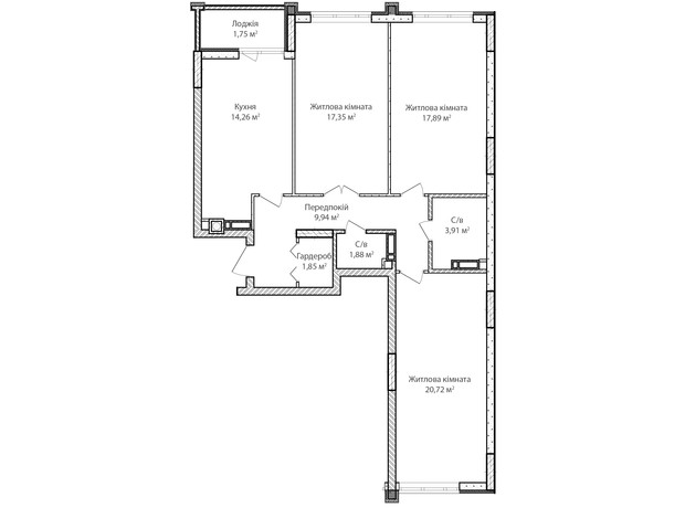 ЖК Синергия Сити: планировка 3-комнатной квартиры 90 м²